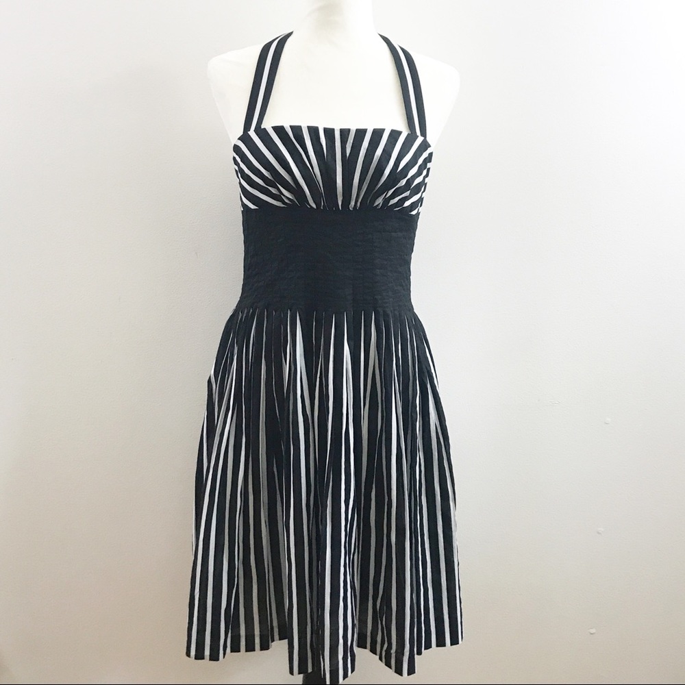 Suzi Chin Black & White Striped Halter Pinup Dress